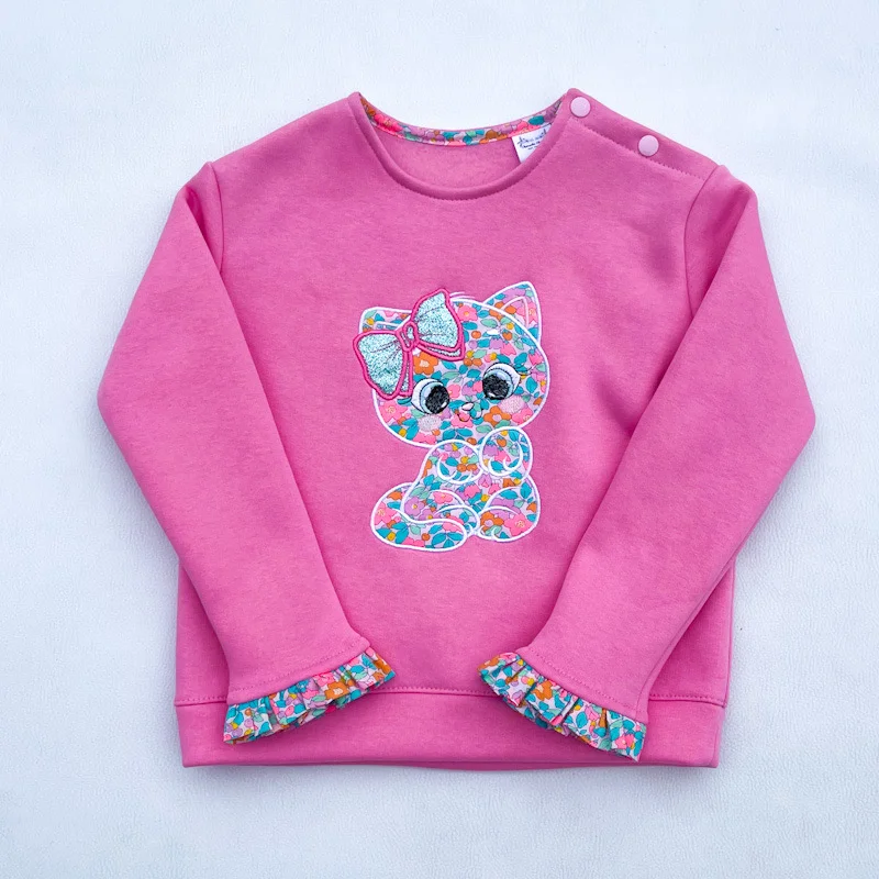 Sweat molletonné rose bonbon et liberty Betsy berry delight chaton