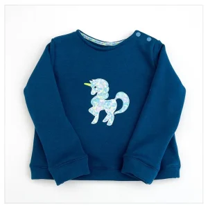 Sweat pétrole et liberty Betsy berry splash broderie licorne
