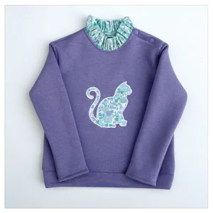 Sweat molleton parme et liberty Betsy splash broderie Chat