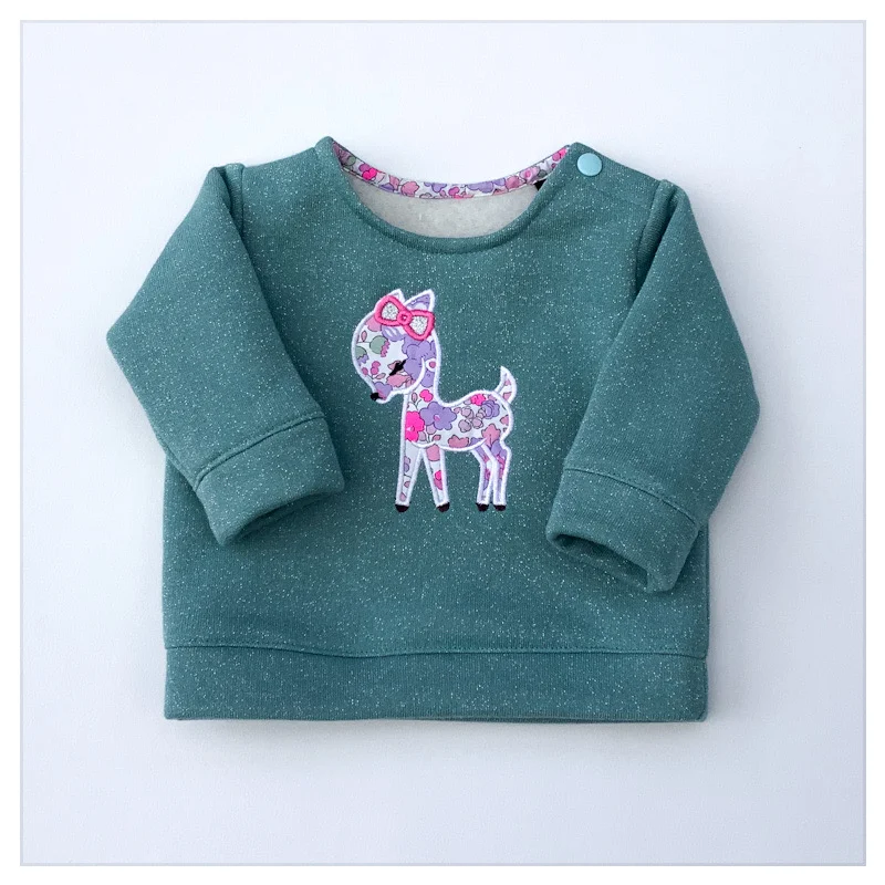 Sweat céladon pailleté et liberty Betsy néon purple broderie Bichette