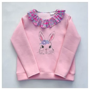 Sweat molletonné rose layette et liberty Betsy berry giggle broderie lapin