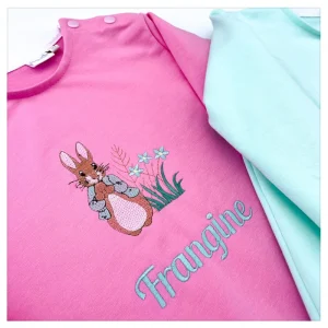 Sweat rose bonbon broderie Pierre Lapin Beatrix Potter