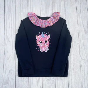 Sweat léger bleu marine et liberty Wiltshire poolparty broderie licorne girly