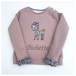 Sweat rose pailleté et liberty Wiltshire bud myrtille broderie Bichette