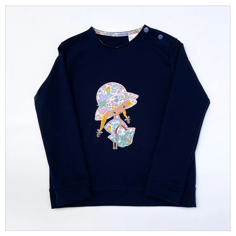Sweat léger marine et liberty Betsy Periwinkle broderie fille au chapeau