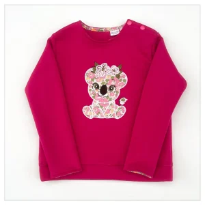 Sweat molletonné fushia et liberty Betsy pêche fluo broderie Koala girly