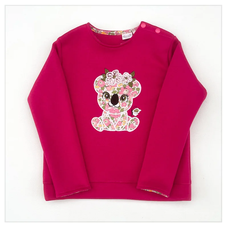 Sweat molletonné fushia et liberty Betsy pêche fluo broderie Koala girly