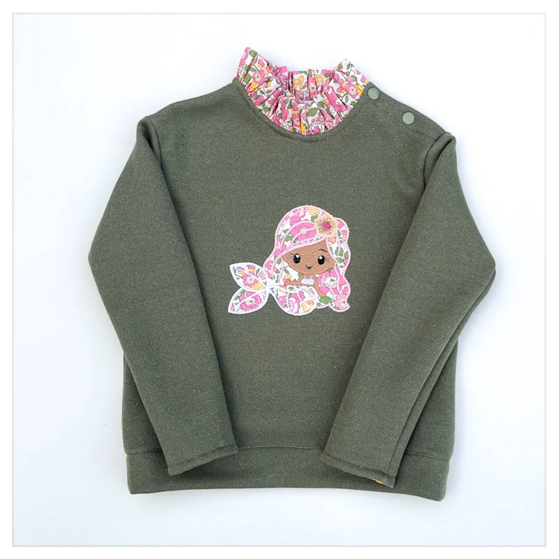 Sweat kaki pailleté et liberty Betsy pêche fluo broderie sirène – Image 3