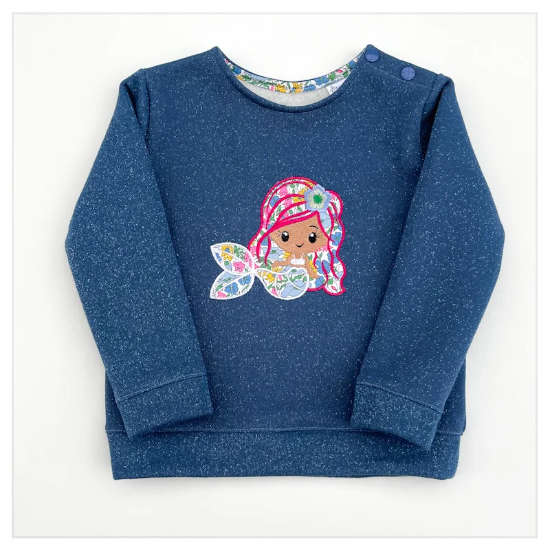 Sweat océan pailleté et liberty Poppy & Daisy stabilo broderie sirène