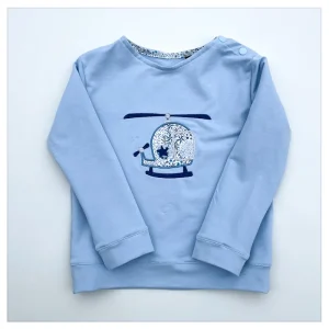 Sweat léger bleu orage et liberty Théo navy broderie hélicoptère