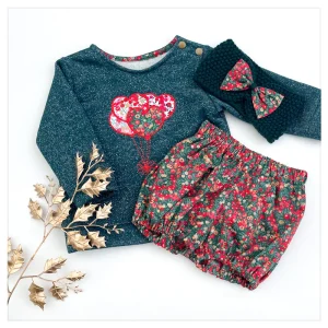 Sweat émeraude pailleté et liberty Wiltshire winter broderie Ballons