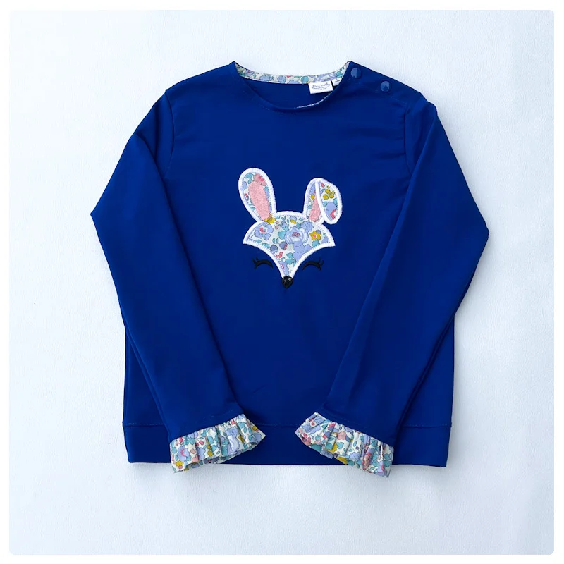 Sweat léger bleu électrique liberty Betsy periwinkle broderie lapin mignon