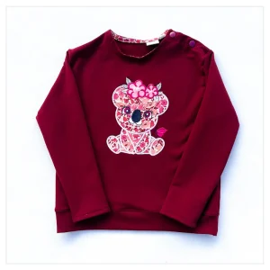 Sweat léger griotte et liberty Poppy Daisy framboise broderie Koala girly