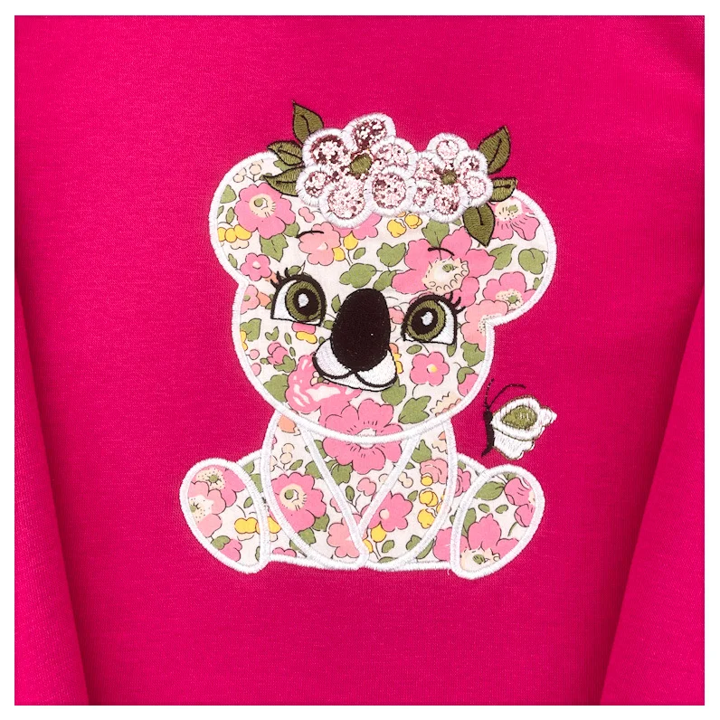 Sweat molletonné fushia et liberty Betsy pêche fluo broderie Koala girly – Image 2