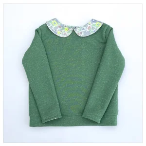 Sweat molletonné pistache pailleté et Liberty Japonais Betsy néon grey