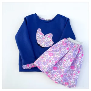Sweat bleu électrique et liberty Betsy néon purple broderie Papillon