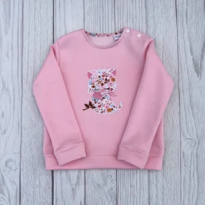 Sweat molletonné rose layette et liberty Betsy écureuil broderie chaton