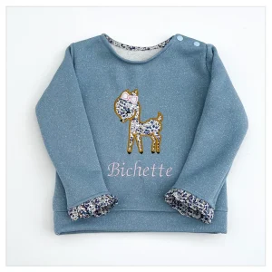 Sweat bleu pailleté et liberty Wiltshire bud myrtille broderie Bichette