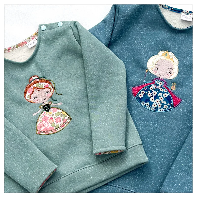 Sweat molletonné pailleté céladon et liberty Betsy rose vanille broderie Anna – Image 2
