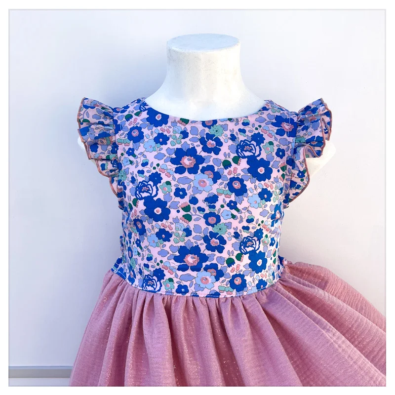 Robe Adèle liberty Betsy cobalt et gaze pailletée rose