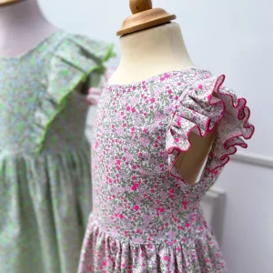 Robe Adèle popeline fleurie rose fluo