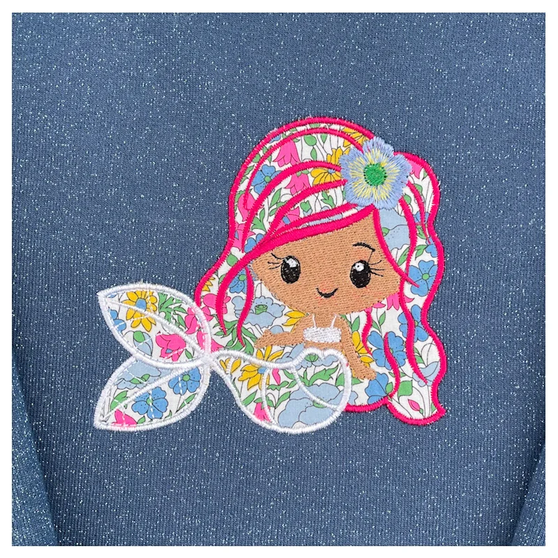 Sweat océan pailleté et liberty Poppy & Daisy stabilo broderie sirène – Image 2