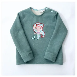 Sweat molletonné pailleté céladon et liberty Betsy splash broderie Ariel