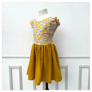 Robe Adèle liberty Betsy Ohlala et gaze pailletée moutarde