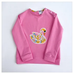 Sweat léger rose bonbon et liberty Betsy ohlala broderie cygne