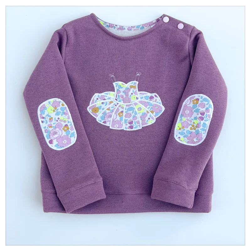 Sweat violine pailleté et liberty Betsy Onagre broderie Tutu