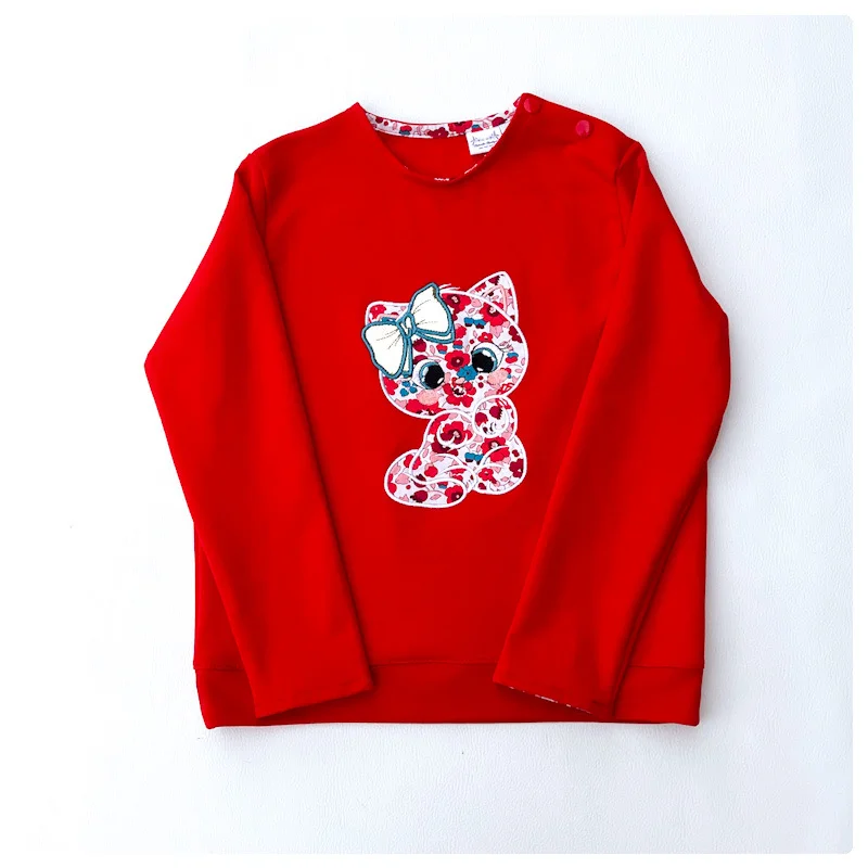 Sweat léger rouge et liberty Betsy cerise broderie Chaton noeud