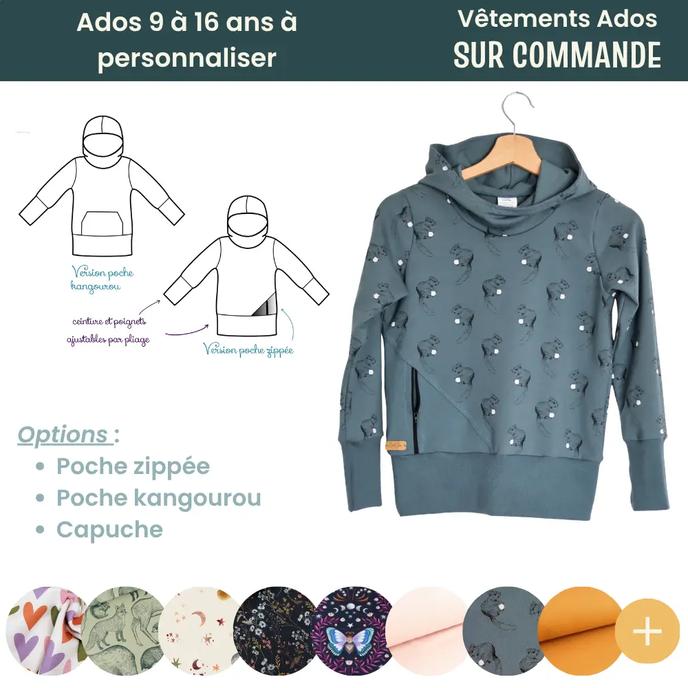 Sweat à capuche évolutif ados à personnaliser