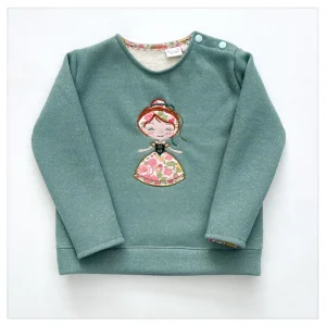 Sweat molletonné pailleté céladon et liberty Betsy rose vanille broderie Anna