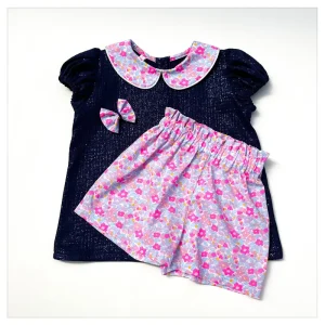 Blouse gaze pailletée bleu nuit et Liberty Betsy berry giggle
