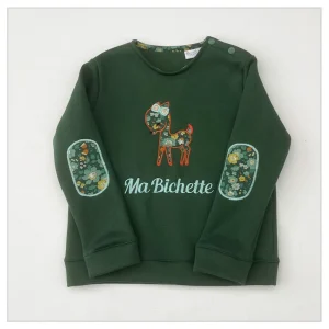 Sweat molletonné vert sapin et liberty Betsy diamant vert broderie bichette