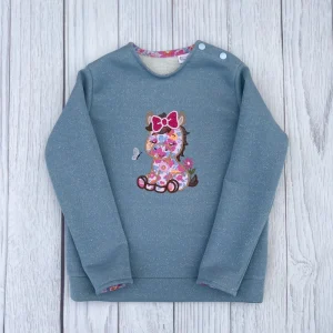 Sweat molletonné pailleté bleu et liberty Betsy Malibu broderie Poney