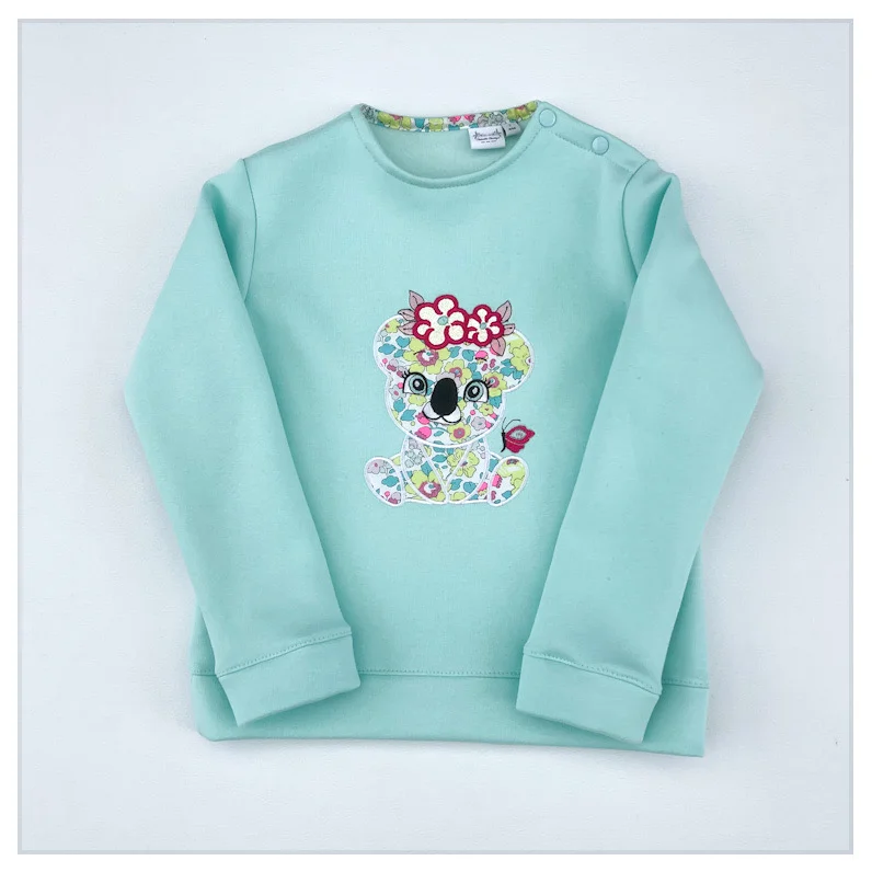 Sweat molletonné vert d’eau et liberty Betsy sorbet broderie Koala girly