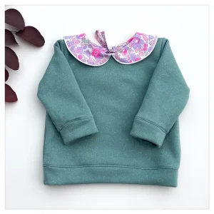 Sweat céladon pailleté et Liberty Betsy néon purple