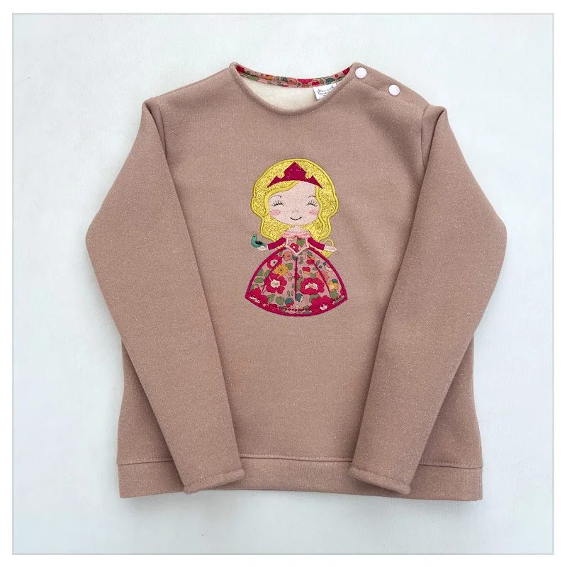 Sweat molletonné pailleté rose et liberty Betsy meadow rose broderie Aurore