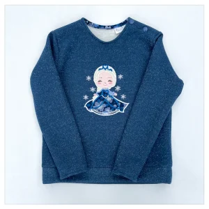 Sweat molletonné pailleté bleu océan et liberty Betsy abyss glitter broderie Elsa