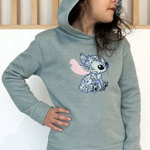Sweat à capuche céladon pailleté et liberty Betsy berry denim motif extraterrestre