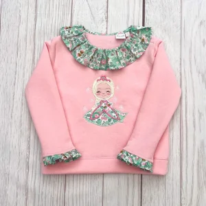 Sweat molletonné rose layette et liberty Betsy seafoam broderie Elsa